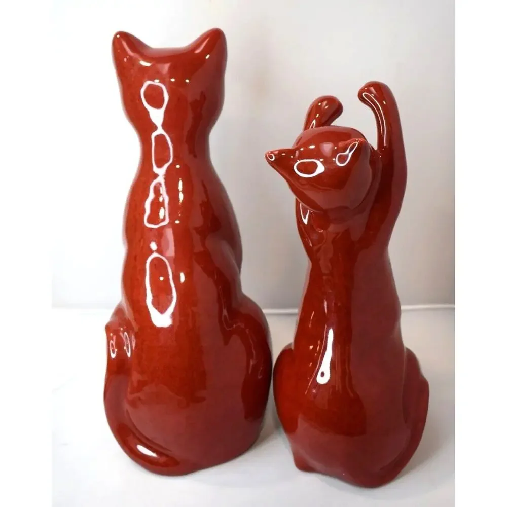 Mid Century Modern MCM Brick Red Ceramic Cats Mom‎ 10 inch and Kitten 8 Inch